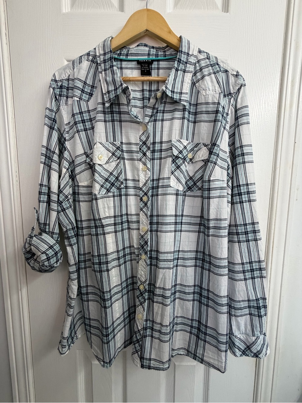 Torrid Plaid Button-Up Shirt Size 3 Coastal Grandmother Cottagecore Plus Size